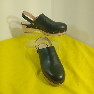 J. Crew Black Leather Mules with Tan Wooden Heel